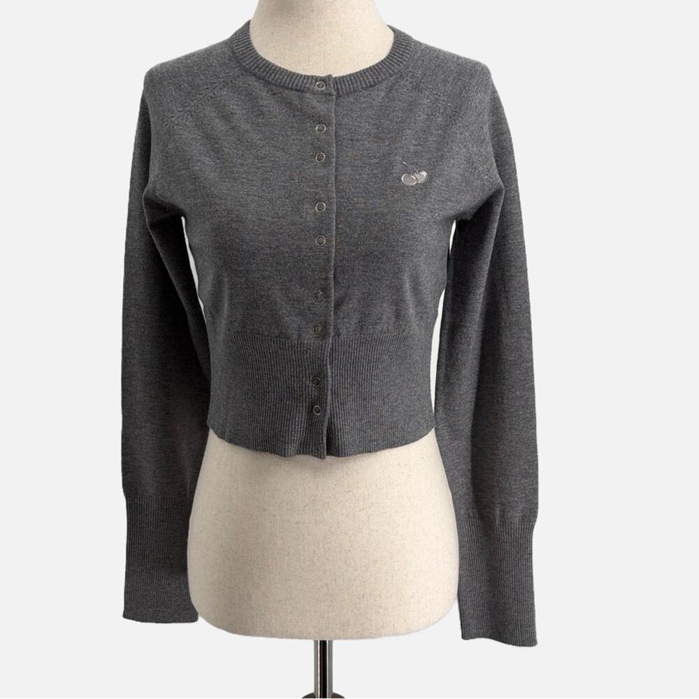 Kirsh Cherry Logo Cropped Gray Cardigan Sweater NWOT Size 1 XS K-Fashion